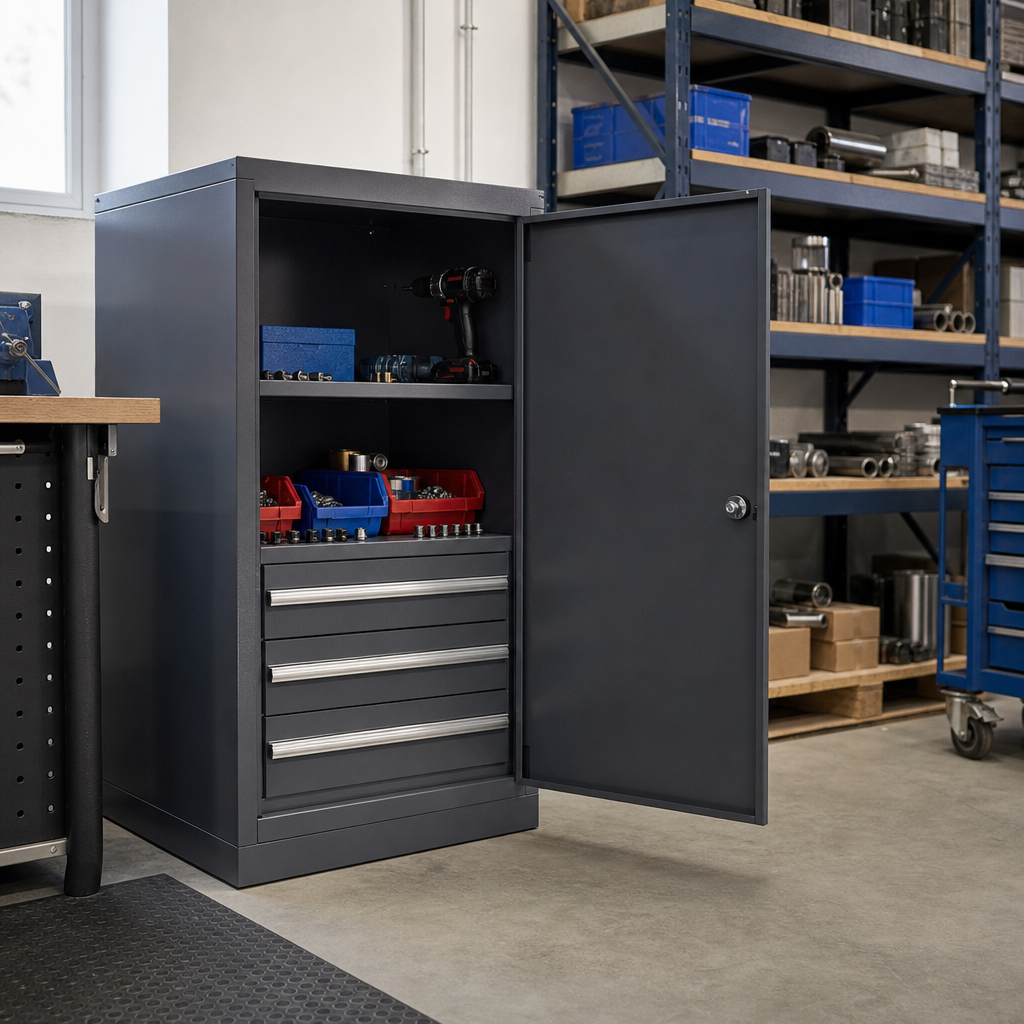 Steel Tool Cupboard with Door, Shelf and 4 Drawers 1000x650x650