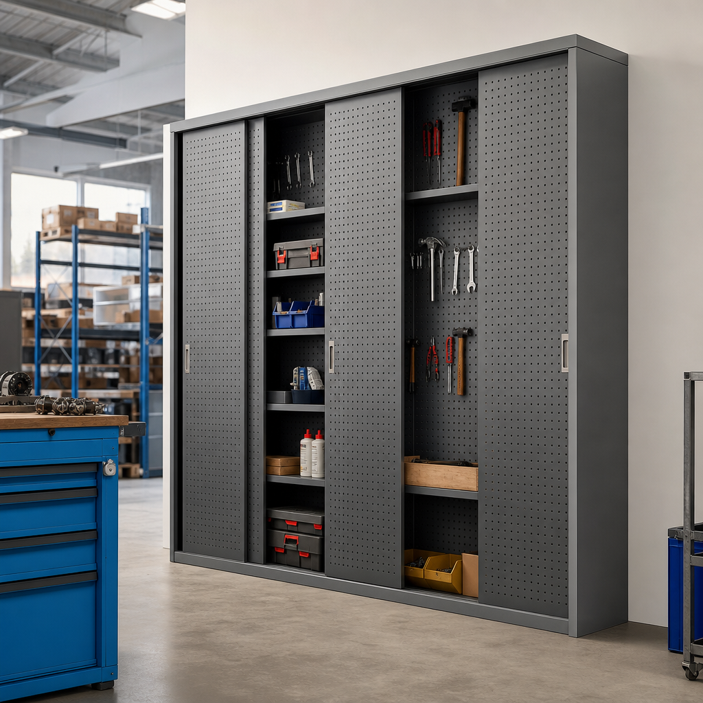 Steel Tool Cupboard with Four Sliding Perforated Panels
