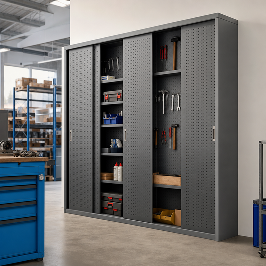 Steel Tool Cupboard with Four Sliding Perforated Panels