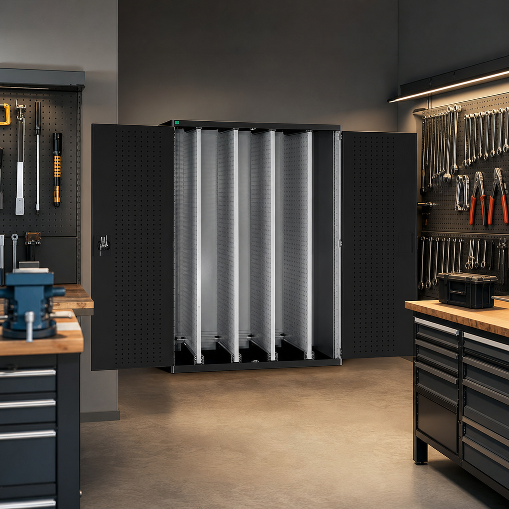 Steel Tool Cupboard with Four Sliding Perforated Panels