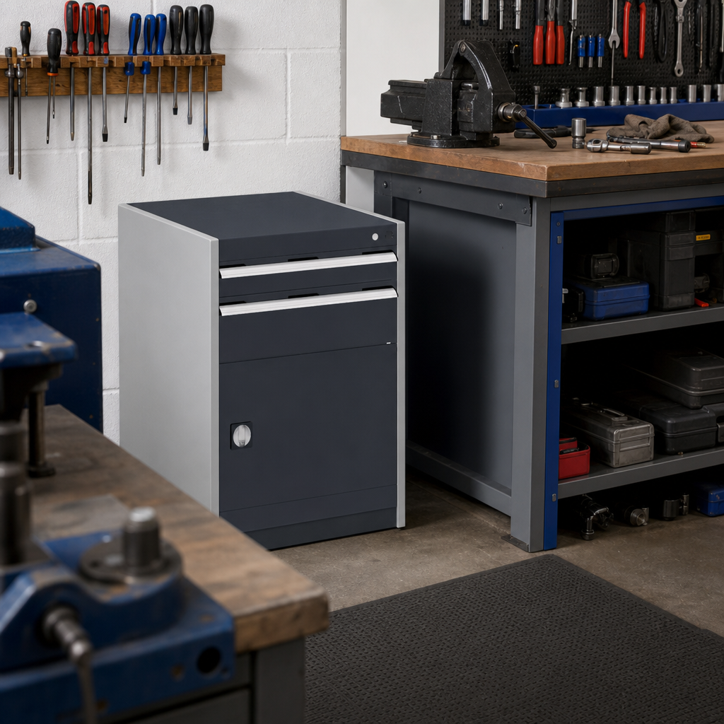 Steel Tool Cupboard with Perforated Door, Shelf and 2 Drawers