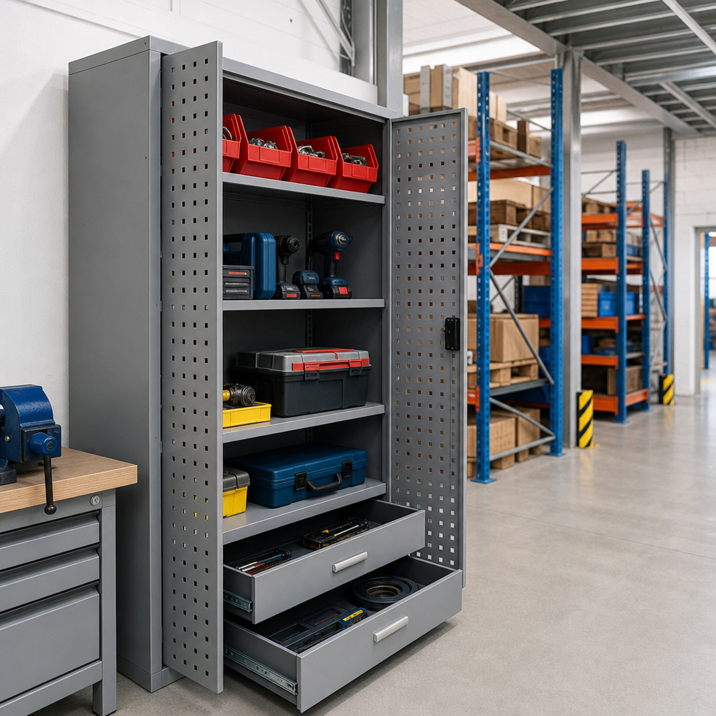 Steel Tool Cupboard with Perforated Door, Shelf and 2 Drawers