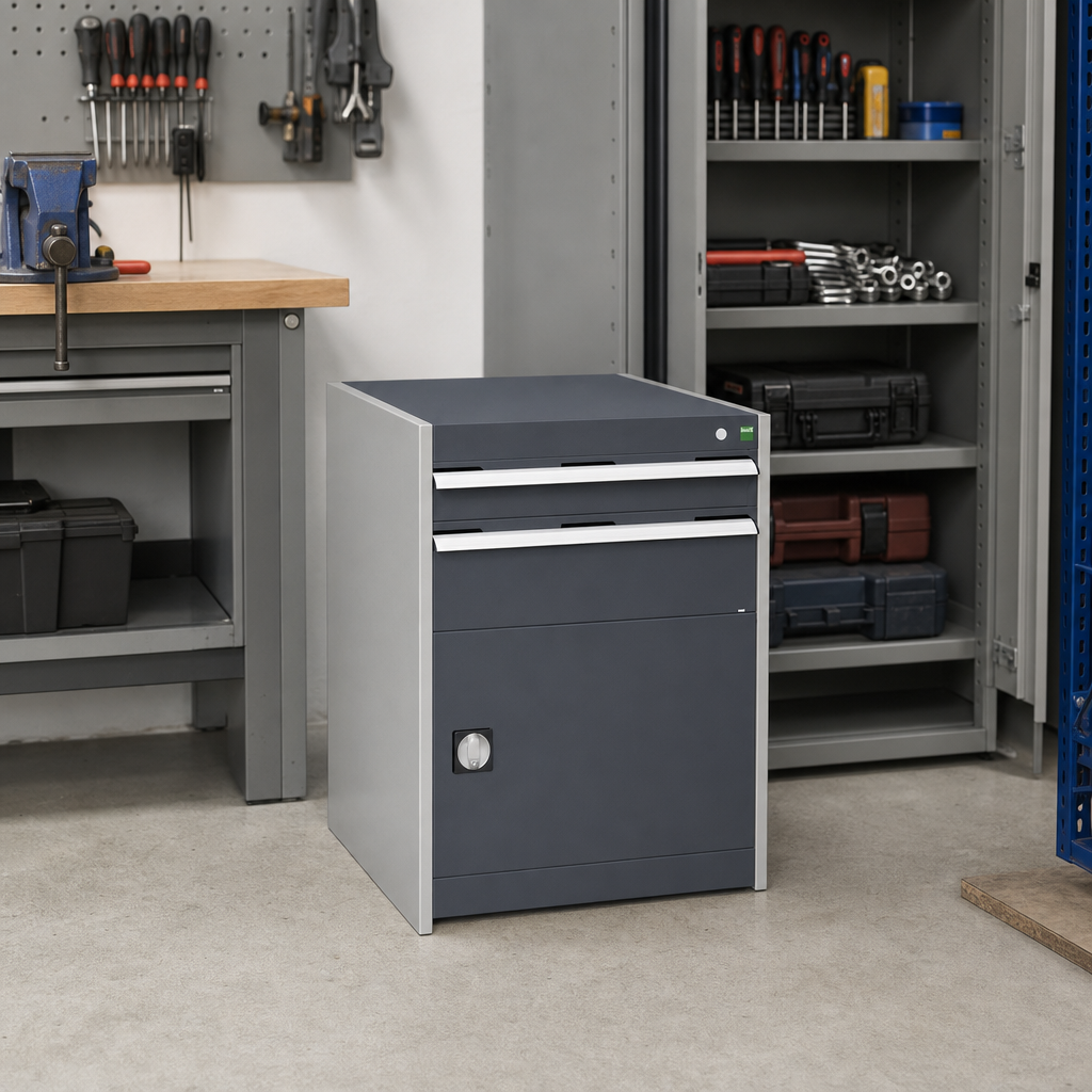 Steel Tool Cupboard with Perforated Door, Shelf and 2 Drawers