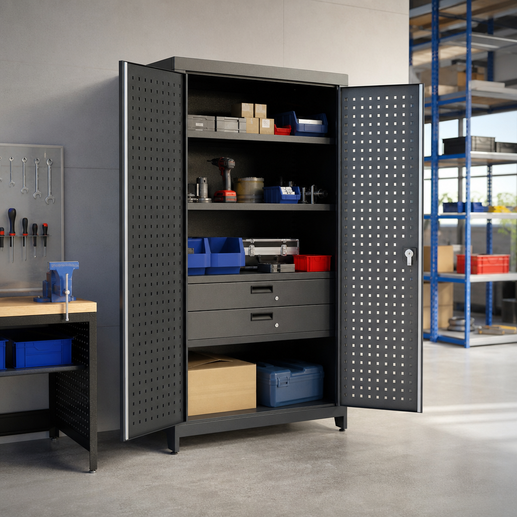 Steel Tool Cupboard with Perforated Door, Shelf and 2 Drawers