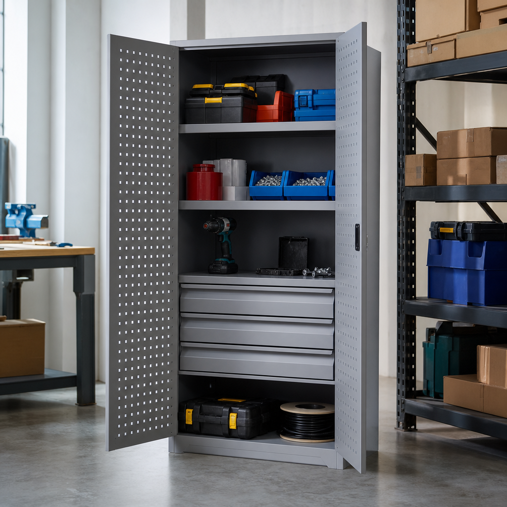 Steel Tool Cupboard with Perforated Door, Shelf and 3 Drawers