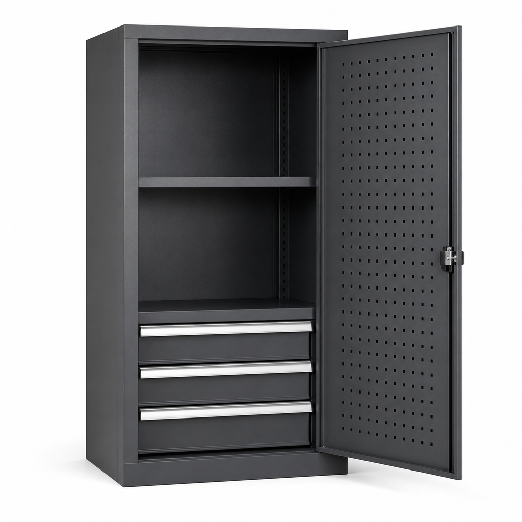 Steel Tool Cupboard with Perforated Door, Shelf and 3 Drawers