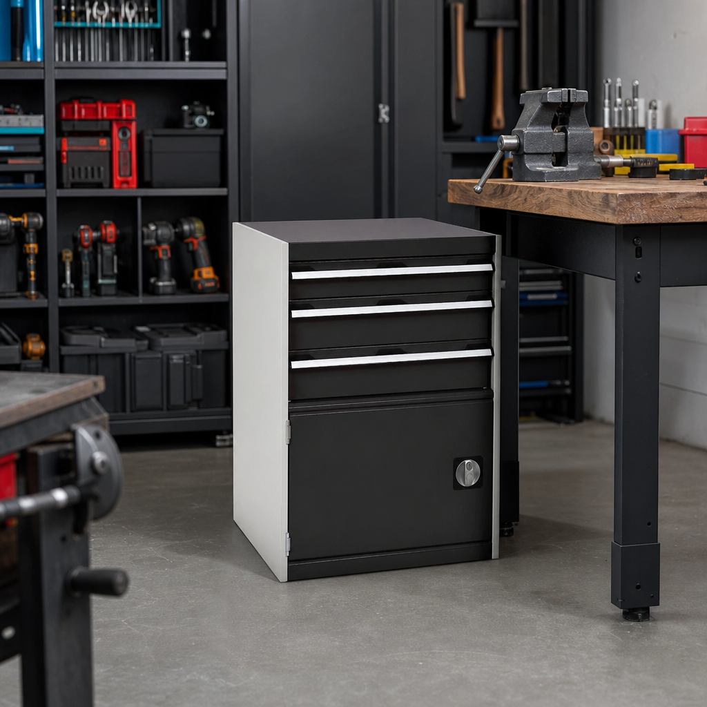 Steel Tool Cupboard with Perforated Door, Shelf and 3 Drawers