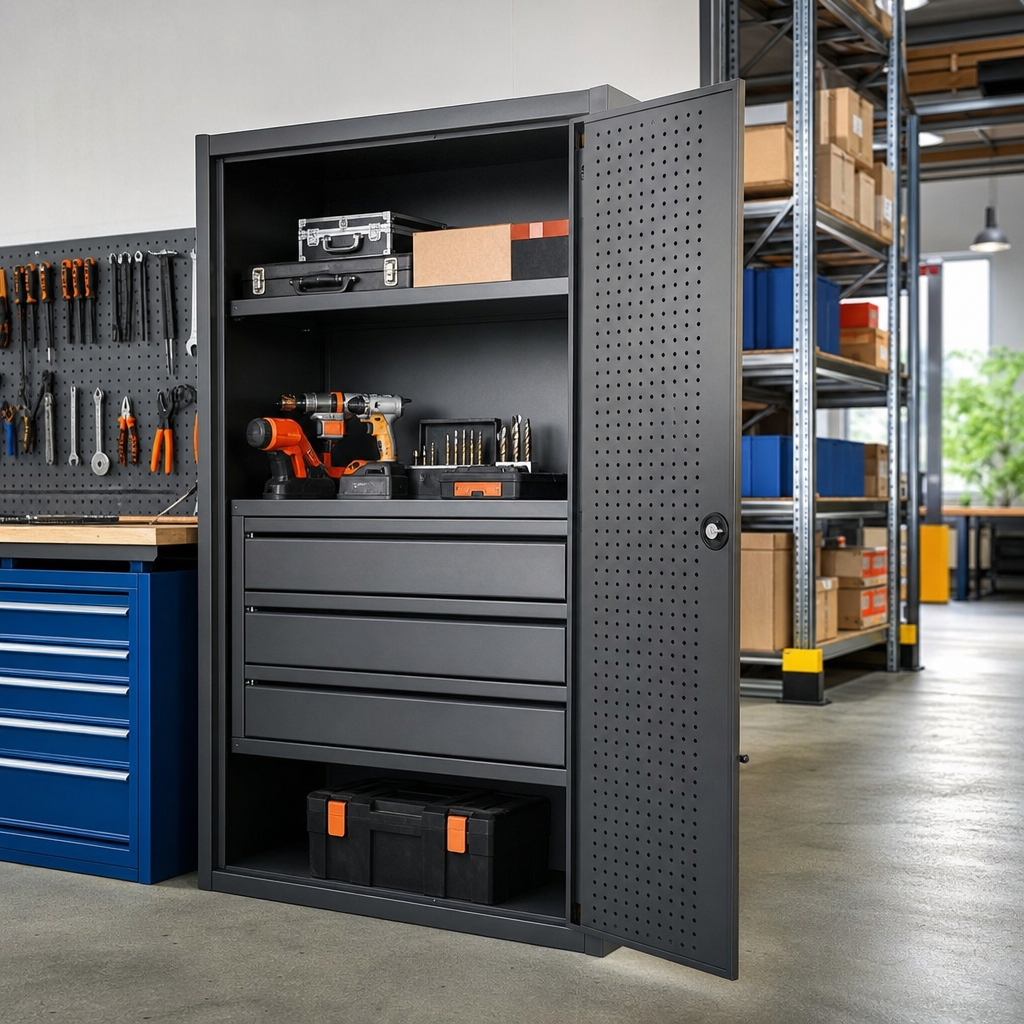 Steel Tool Cupboard with Perforated Door, Shelf and 3 Drawers