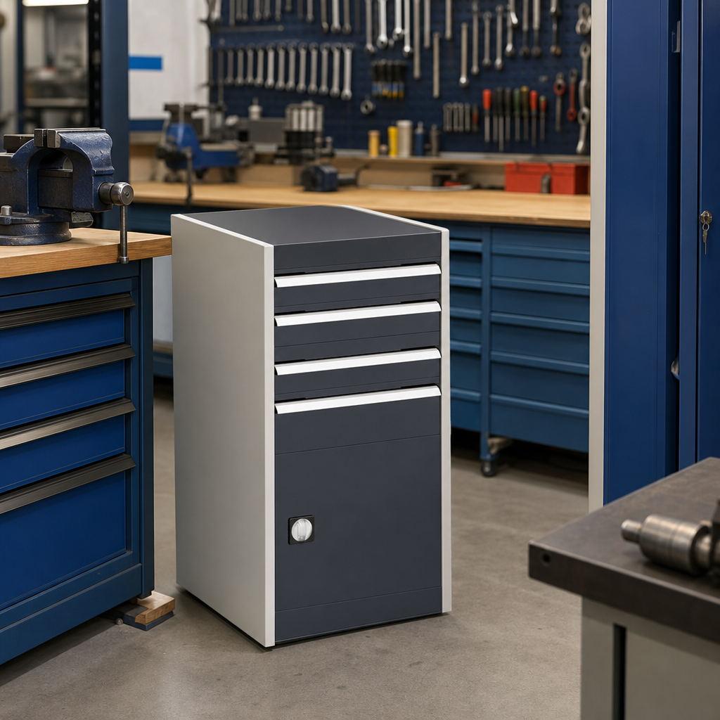 Steel Tool Cupboard with Perforated Door, Shelf and 4 Drawers