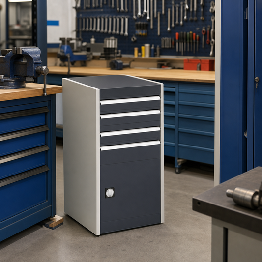 Steel Tool Cupboard with Perforated Door, Shelf and 4 Drawers