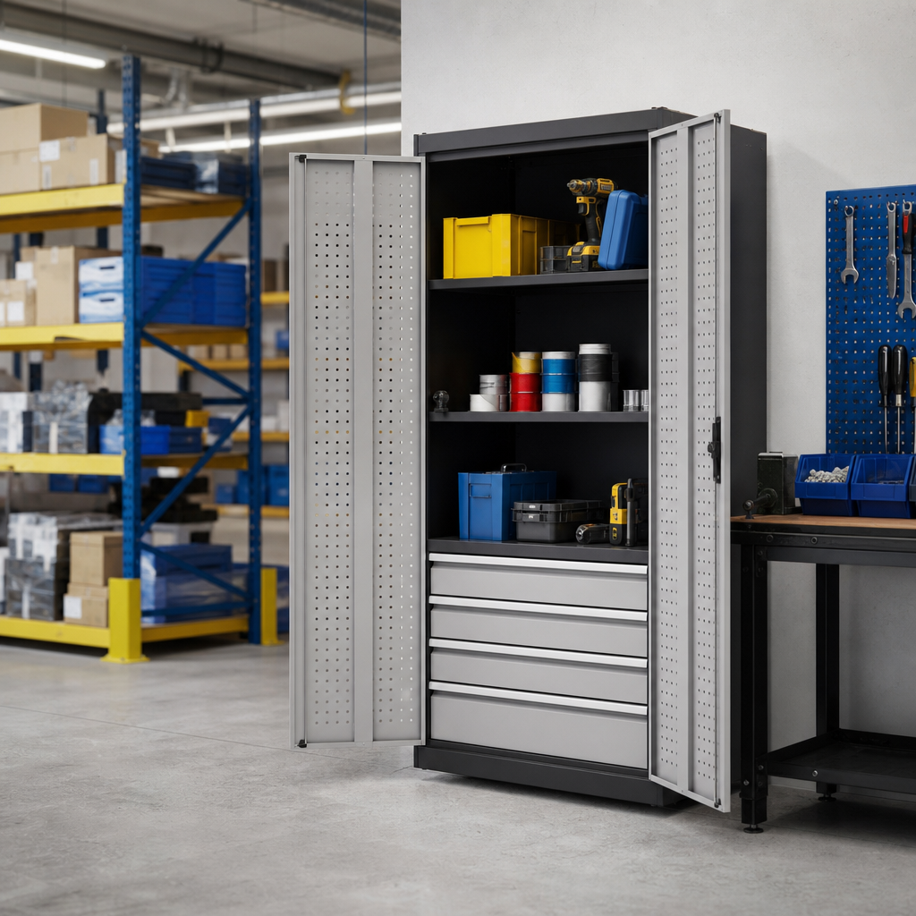 Steel Tool Cupboard with Perforated Door, Shelf and 4 Drawers