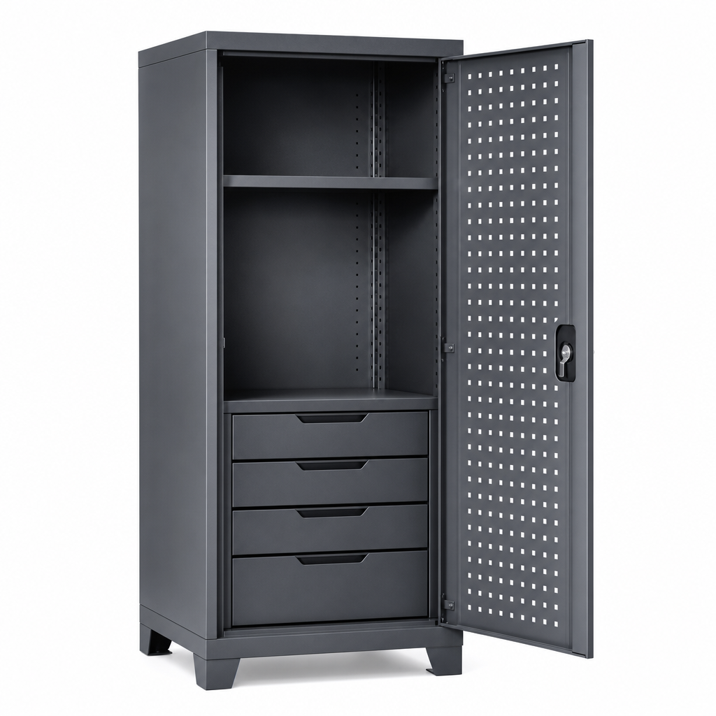 Steel Tool Cupboard with Perforated Door, Shelf and 4 Drawers
