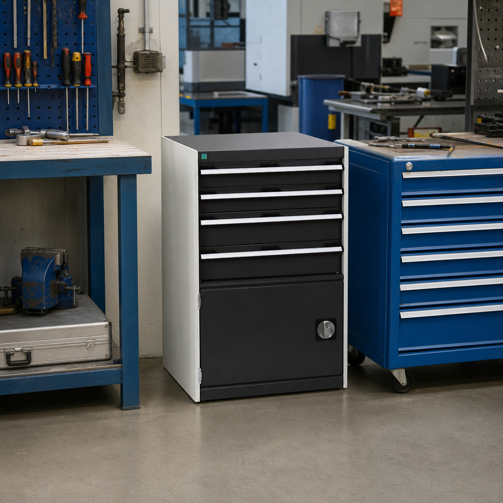 Steel Tool Cupboard with Perforated Door, Shelf and 4 Drawers