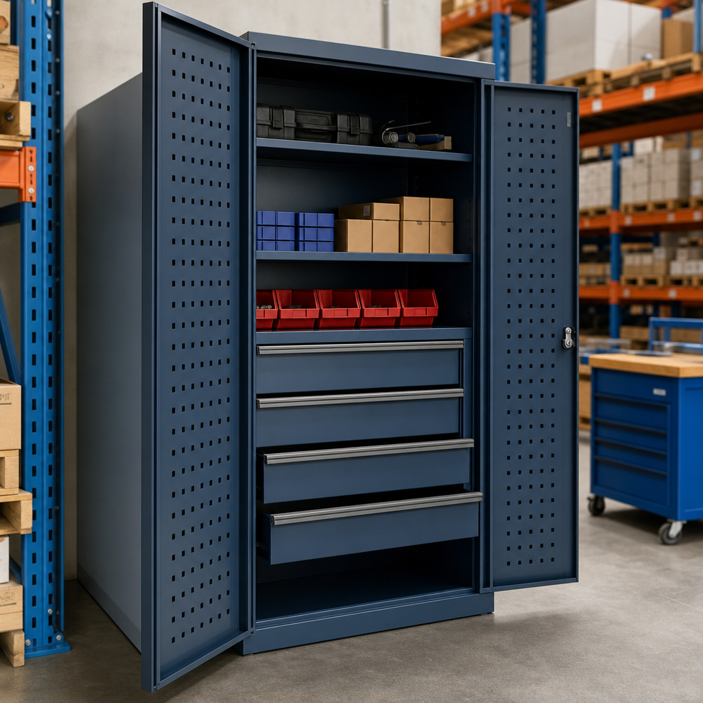 Steel Tool Cupboard with Perforated Door, Shelf and 4 Drawers