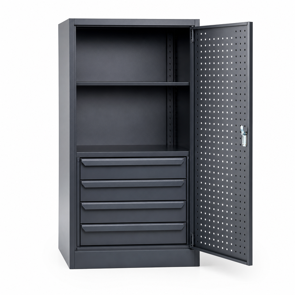 Steel Tool Cupboard with Perforated Door, Shelf and 4 Drawers