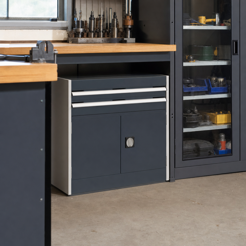Steel Tool Cupboard with Perforated Doors, Shelf and 2 Drawers