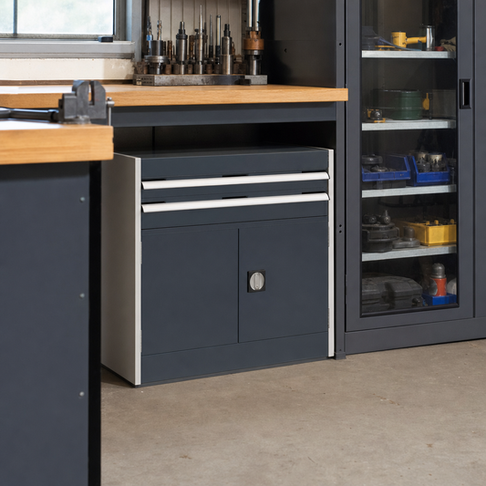 Steel Tool Cupboard with Perforated Doors, Shelf and 2 Drawers