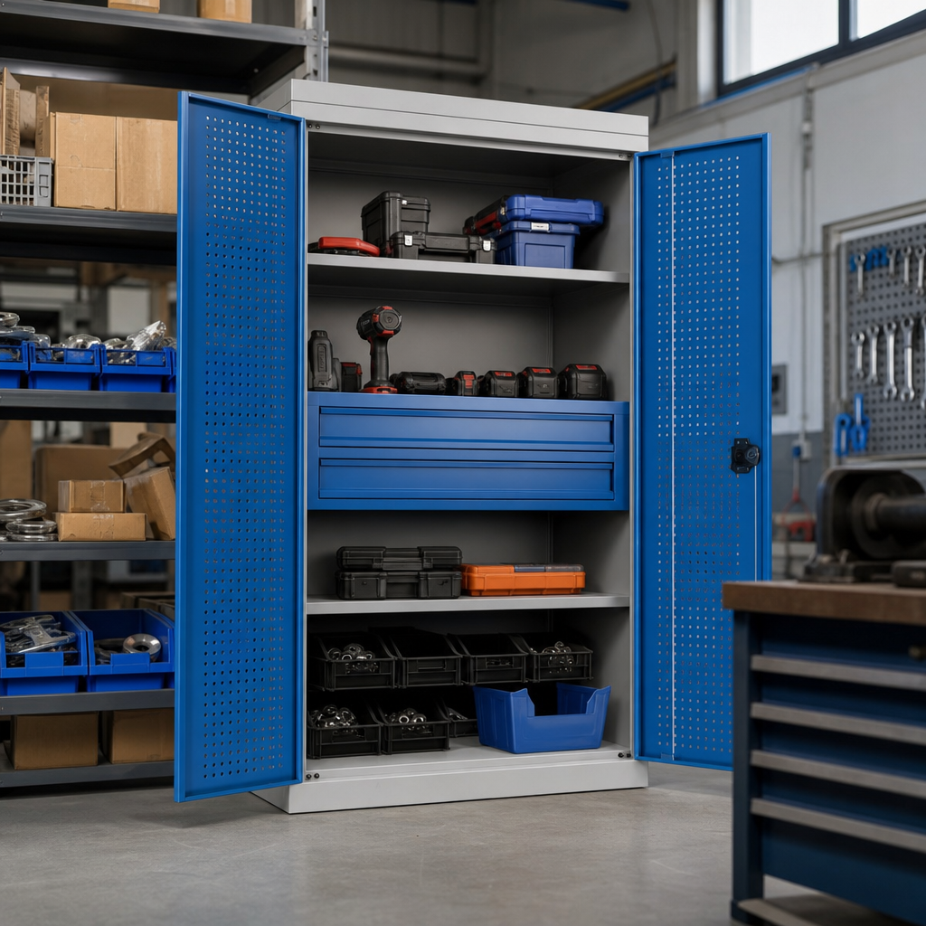 Steel Tool Cupboard with Perforated Doors, Shelf and 2 Drawers