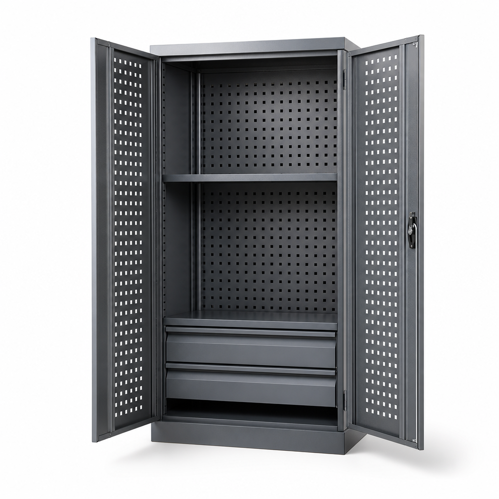 Steel Tool Cupboard with Perforated Doors, Shelf and 2 Drawers