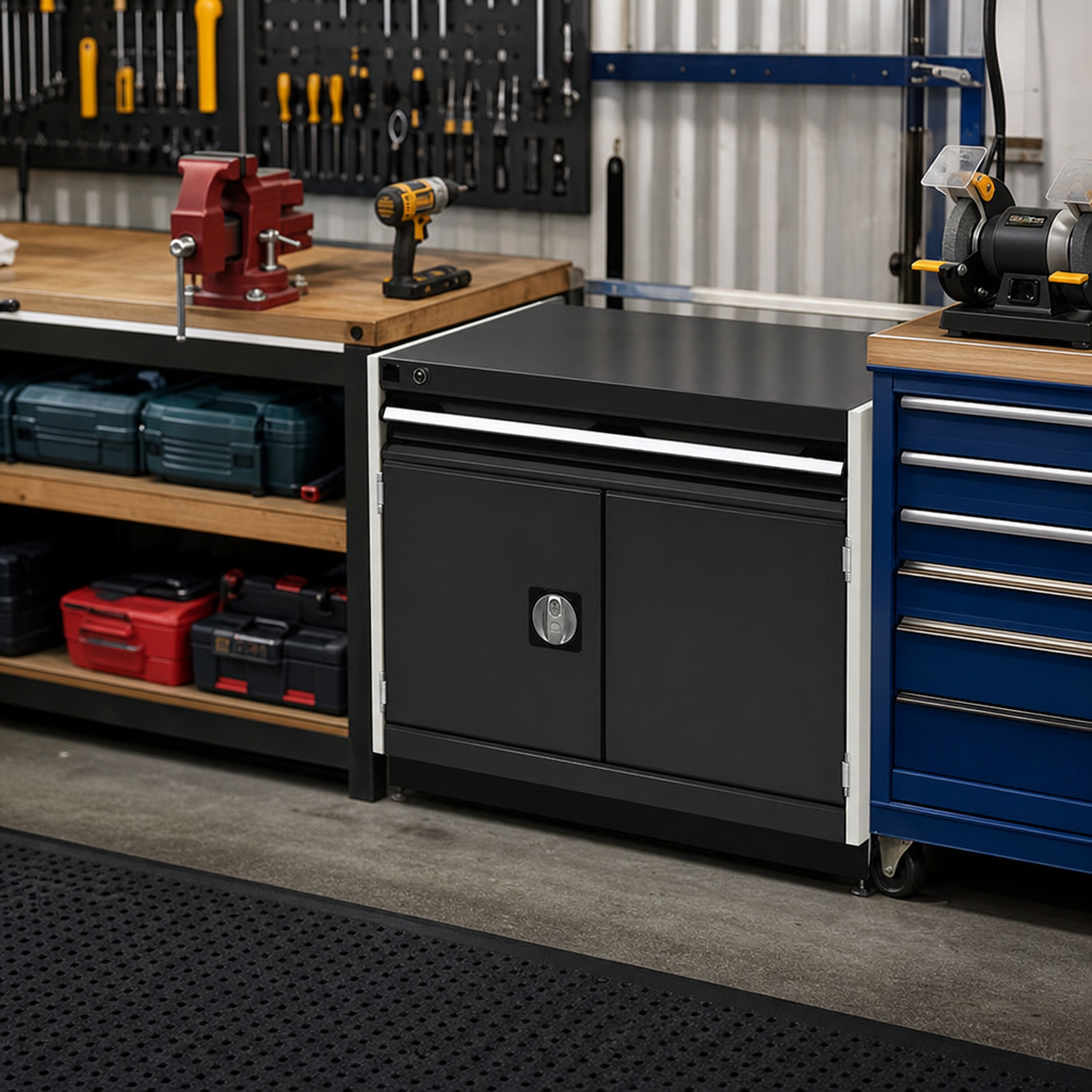 Steel Tool Cupboard with Perforated Doors, Shelf and Drawer 600x800x750mm