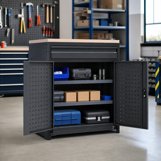 Steel Tool Cupboard with Perforated Doors, Shelf and Drawer 600x800x750mm