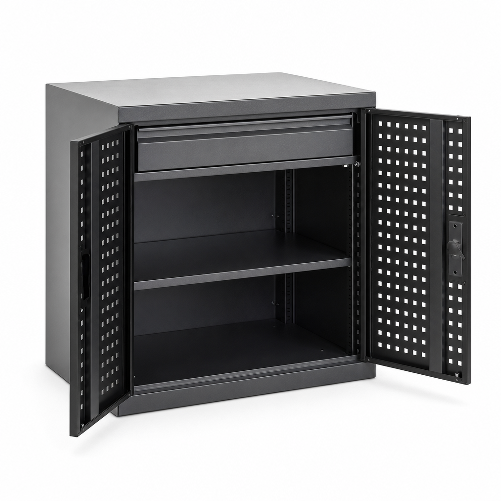 Steel Tool Cupboard with Perforated Doors, Shelf and Drawer 600x800x750mm