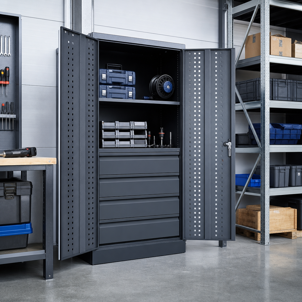 Steel Tool Cupboard with Perforated Doors, Shelf and Drawers