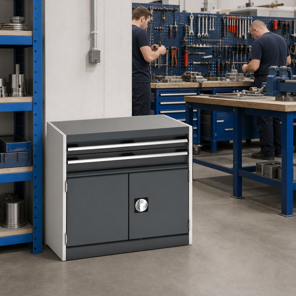 Steel Tool Cupboard with Perforated Doors, Shelf and Drawers
