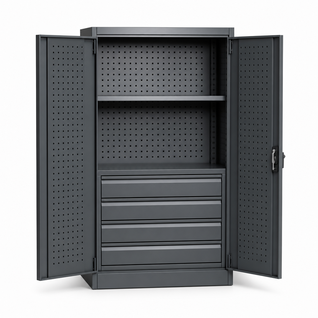 Steel Tool Cupboard with Perforated Doors, Shelf and Drawers