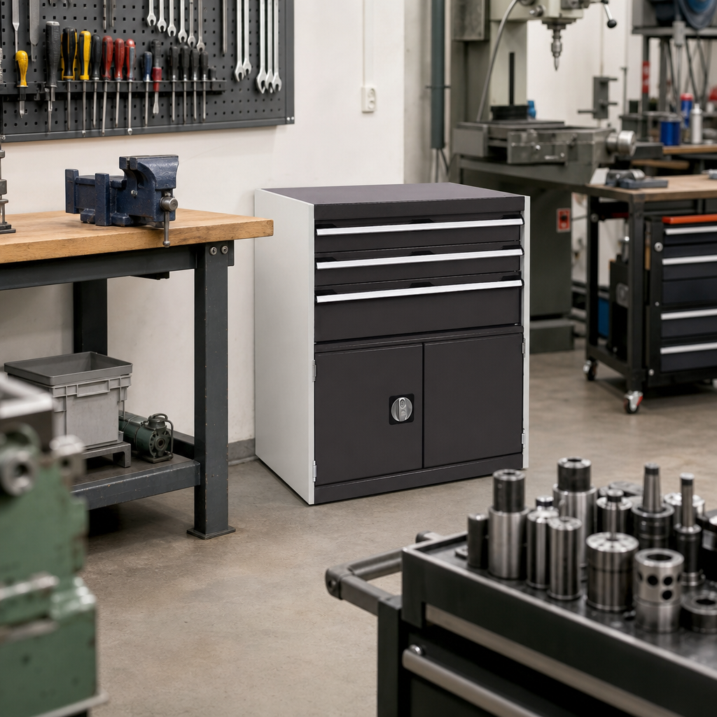 Steel Tool Cupboard with Shelf, Drawers and Perforated Doors