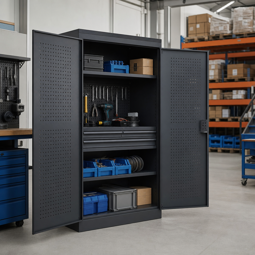 Steel Tool Cupboard with Shelf, Drawers and Perforated Doors