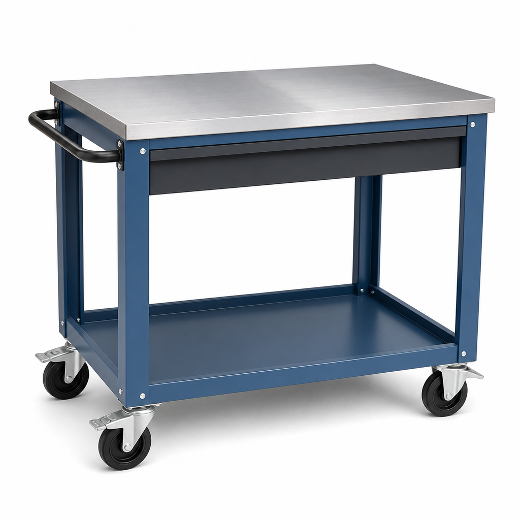 Steel-Topped Mobile Workbench Trolley with Shelf 910x1000x600mm