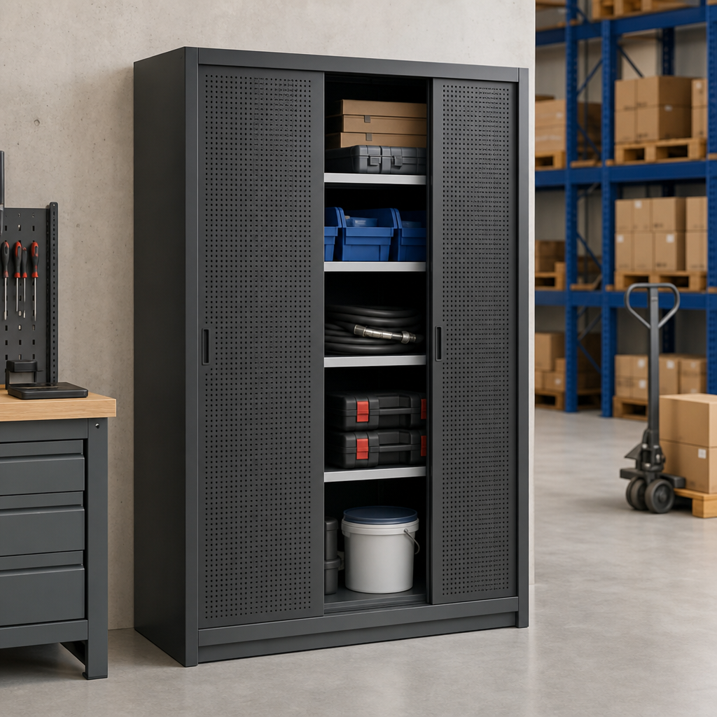Steel Vision Door Cabinet with Sliding Perforated Panels 1050x650mm