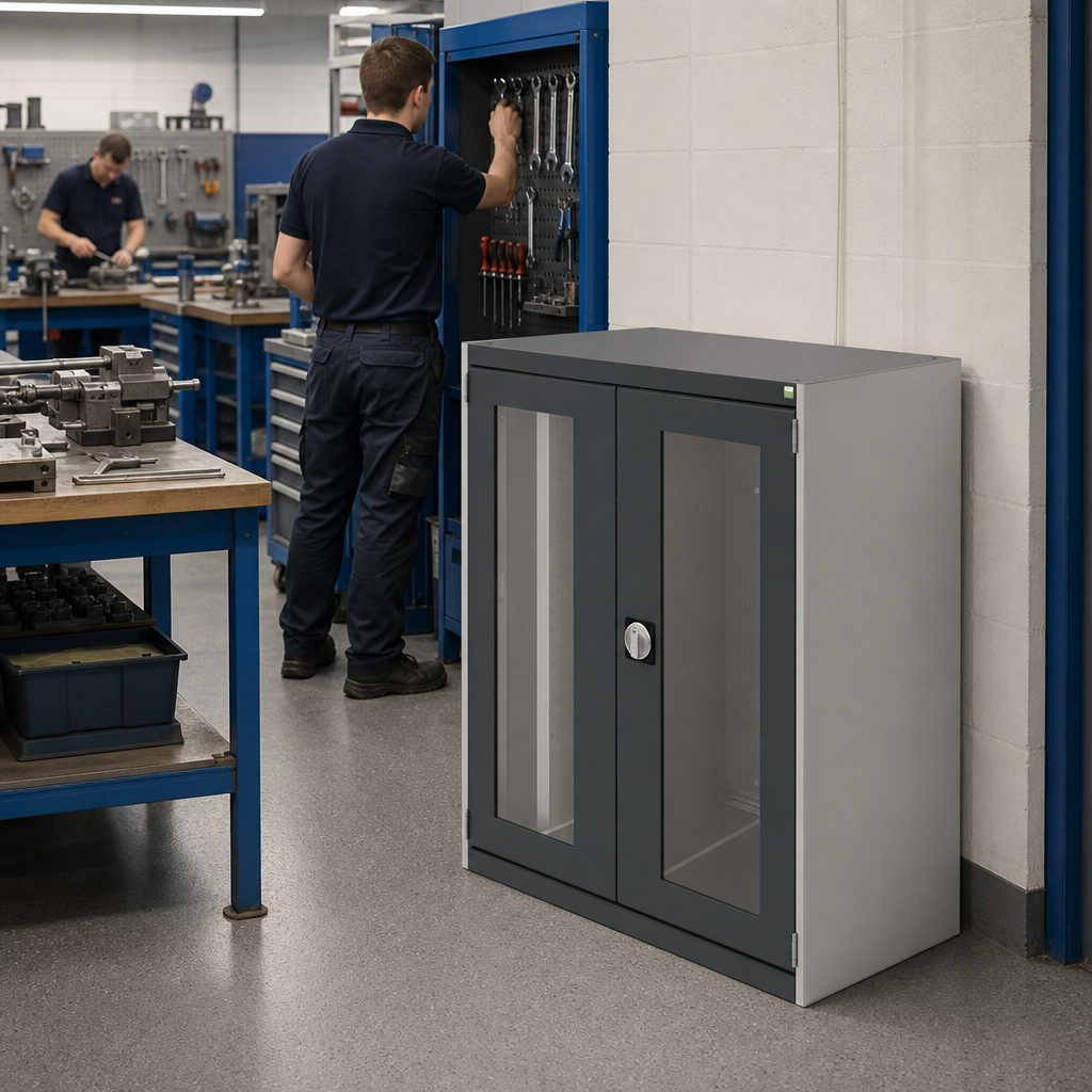 Steel Vision Door Cabinet with Sliding Perforated Panels 1050x650mm