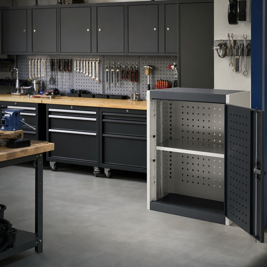 Steel Wall Cabinet with Shelf and Perforated Storage Doors 700x525x325mm