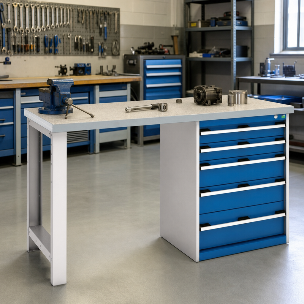Steel Workbench with 5 Drawers and Lino Worktop