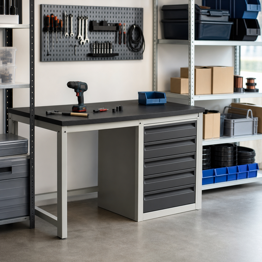 Steel Workbench with 5 Drawers and Lino Worktop
