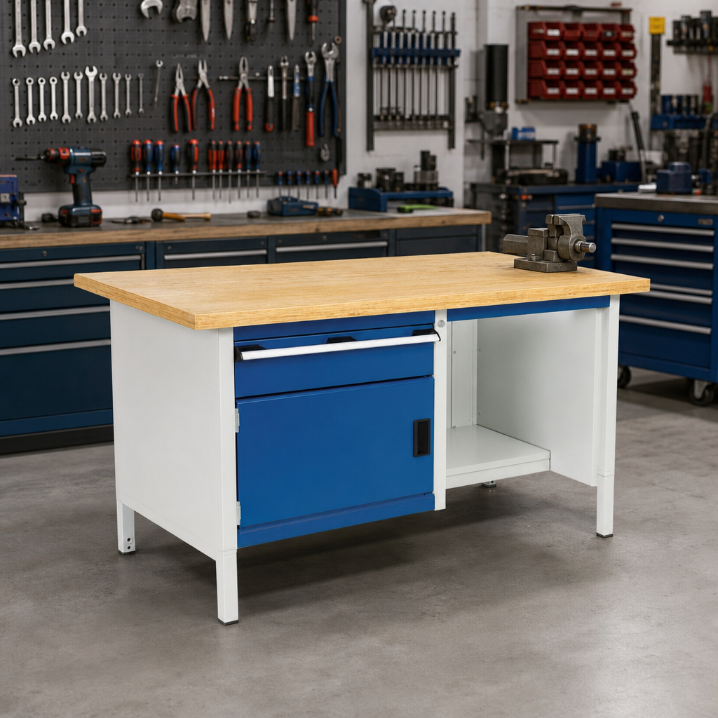 Steel Workbench with Drawer, Shelf and Lockable Cabinet