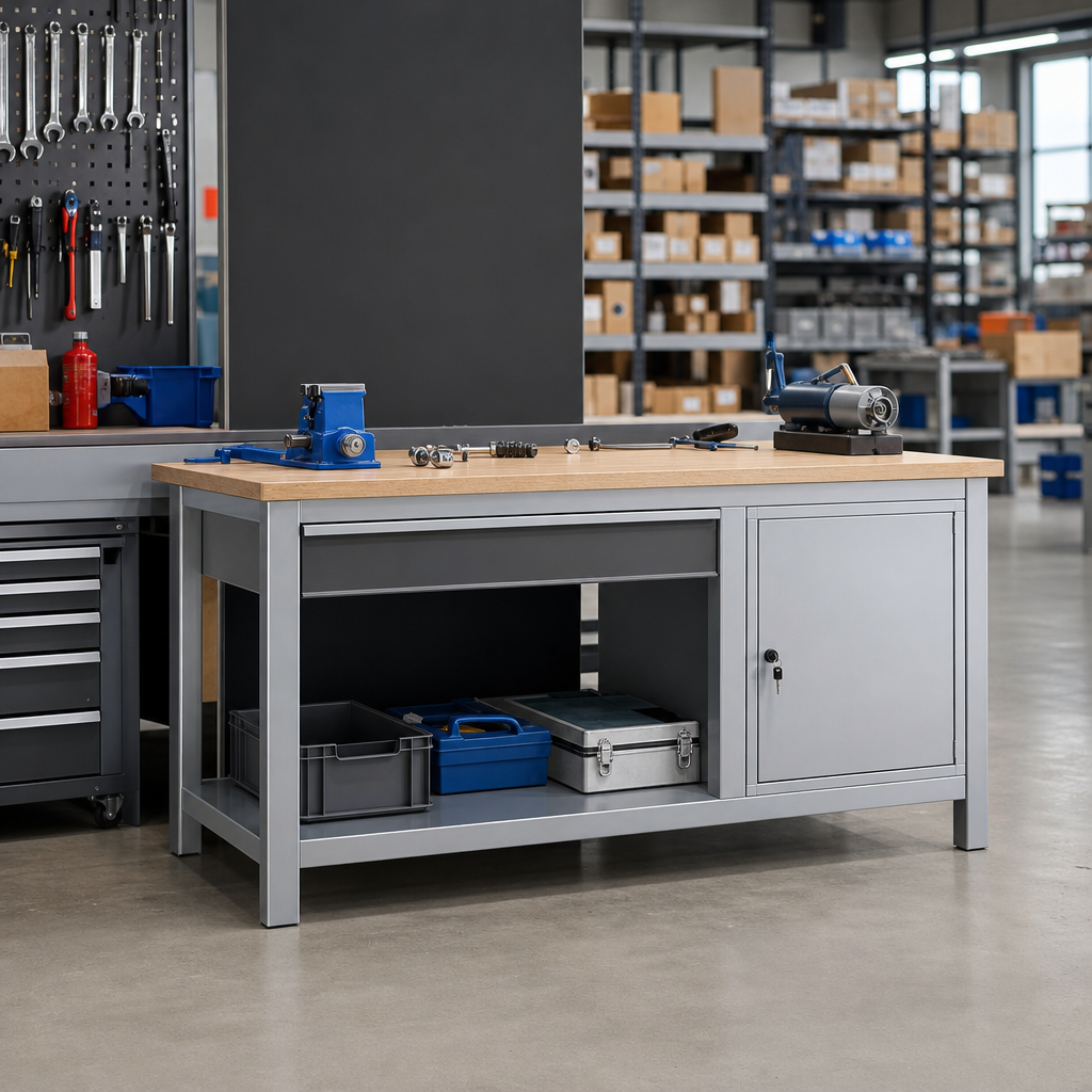 Steel Workbench with Drawer, Shelf and Lockable Cabinet