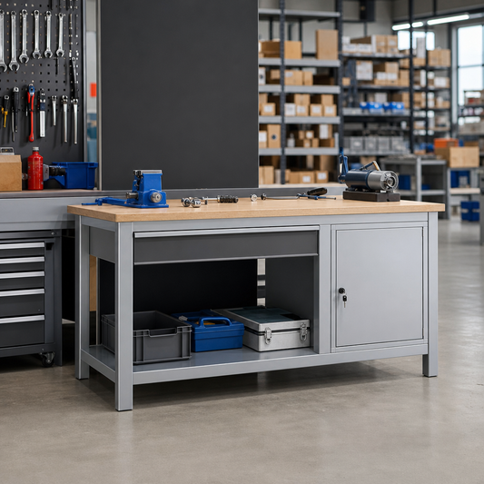 Steel Workbench with Drawer, Shelf and Lockable Cabinet