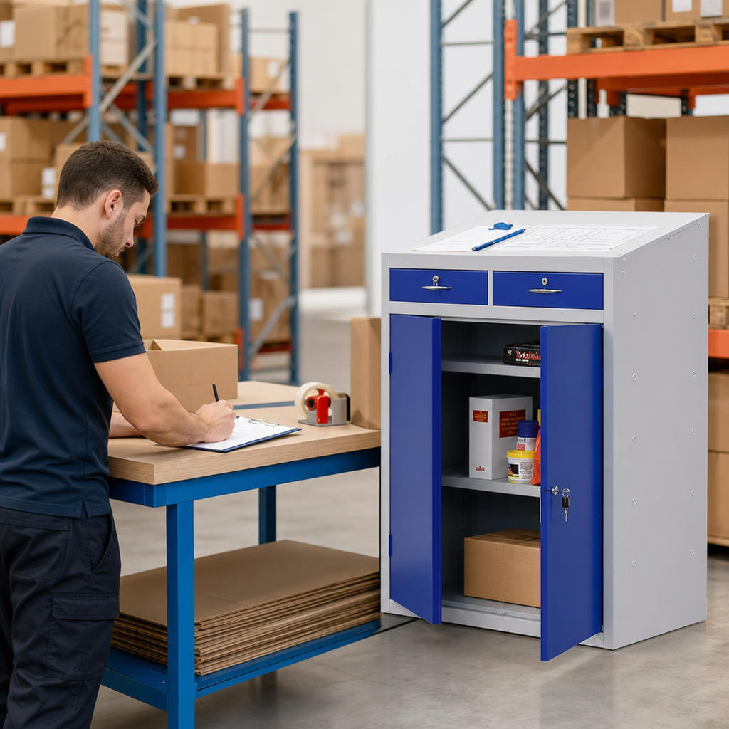 Steel Workshop Dispatch Desks with Lockable Cupboard Storage