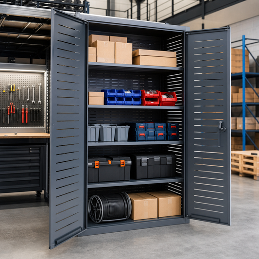 Tall Lockable Cupboard with Louvre Back and Side Panels