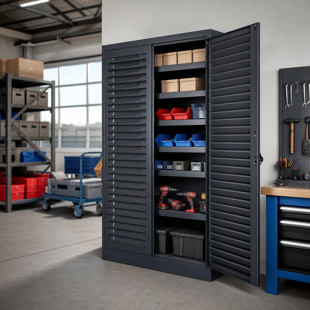 Tall Metal Cupboard with Louvre Panels and Storage Bins