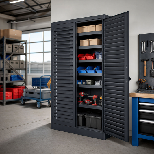 Tall Metal Cupboard with Louvre Panels and Storage Bins