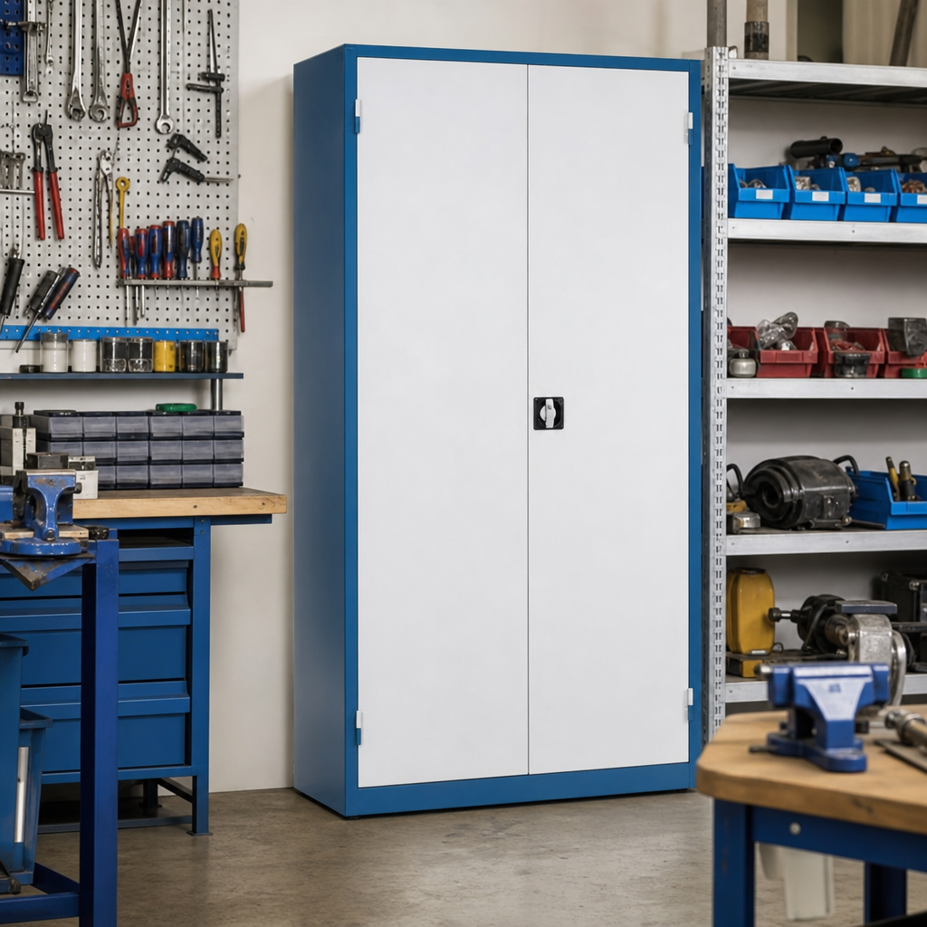 Tall Metal Cupboard with Louvre Panels and Storage Bins