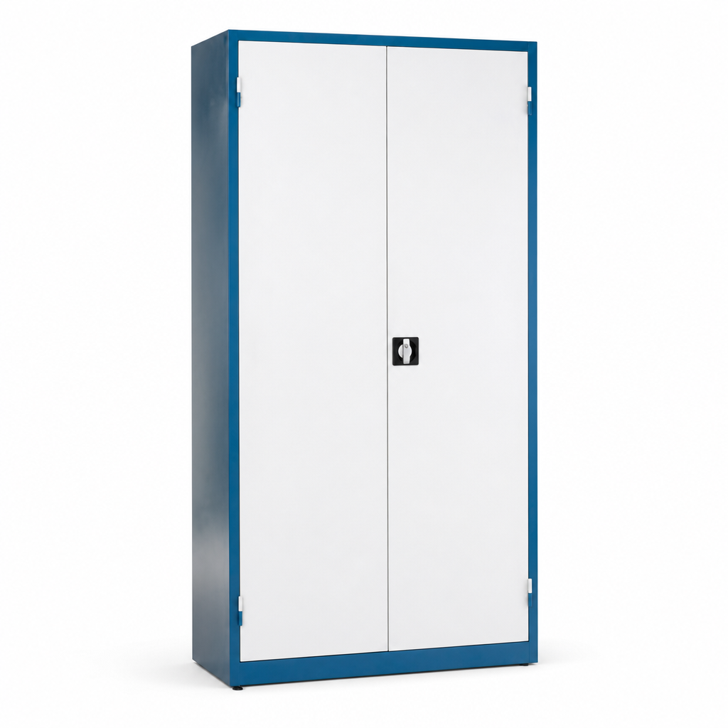 Tall Metal Cupboard with Louvre Panels and Storage Bins