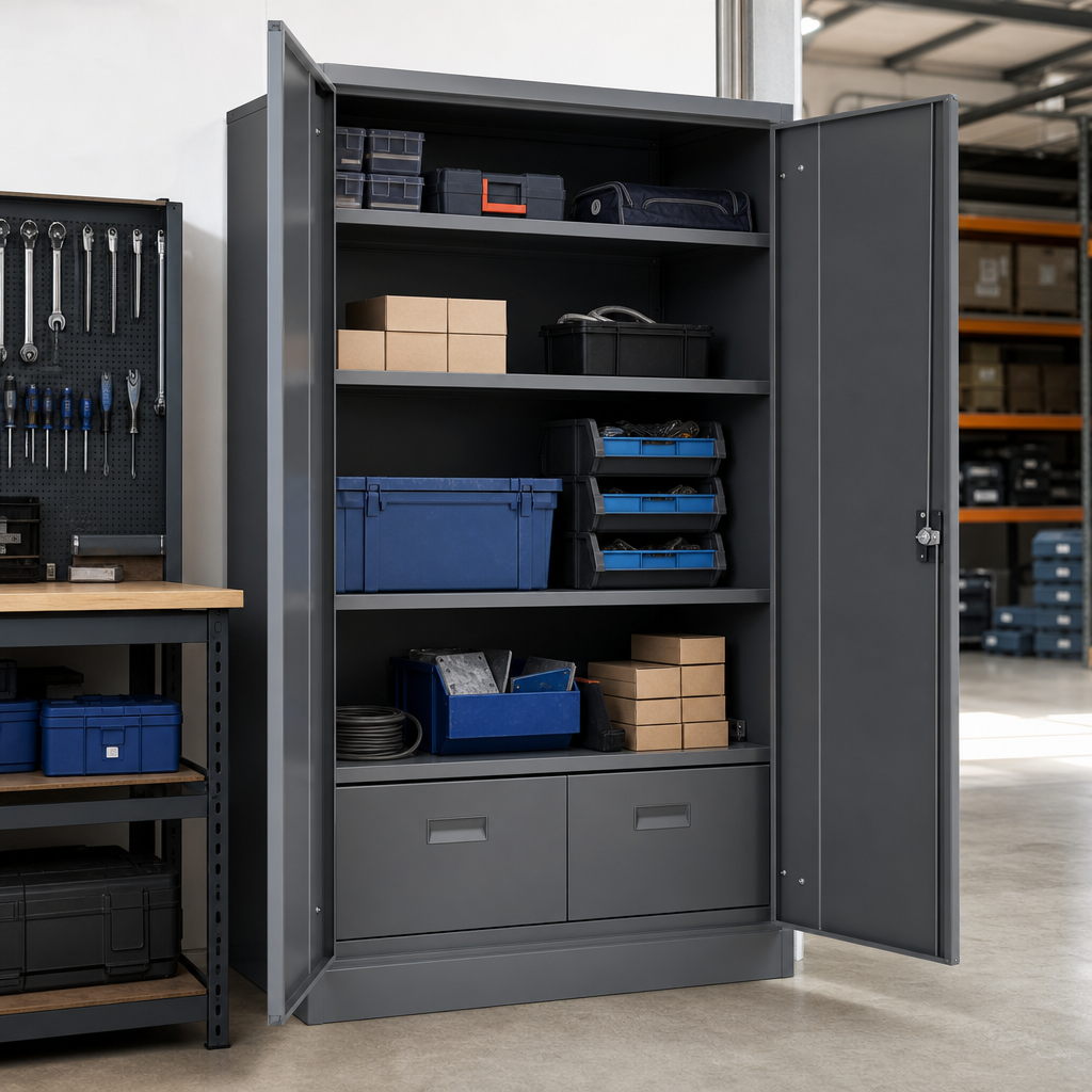 Tall Metal Storage Cabinet with 2 Drawers and 3 Shelves 2000x1050x650mm