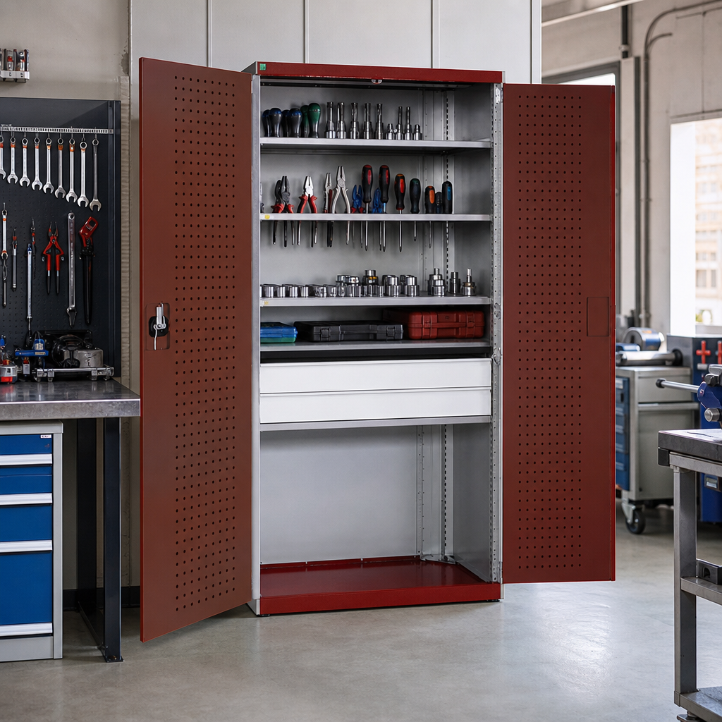 Tall Metal Storage Cabinet with 2 Drawers and 3 Shelves 2000x1050x650mm