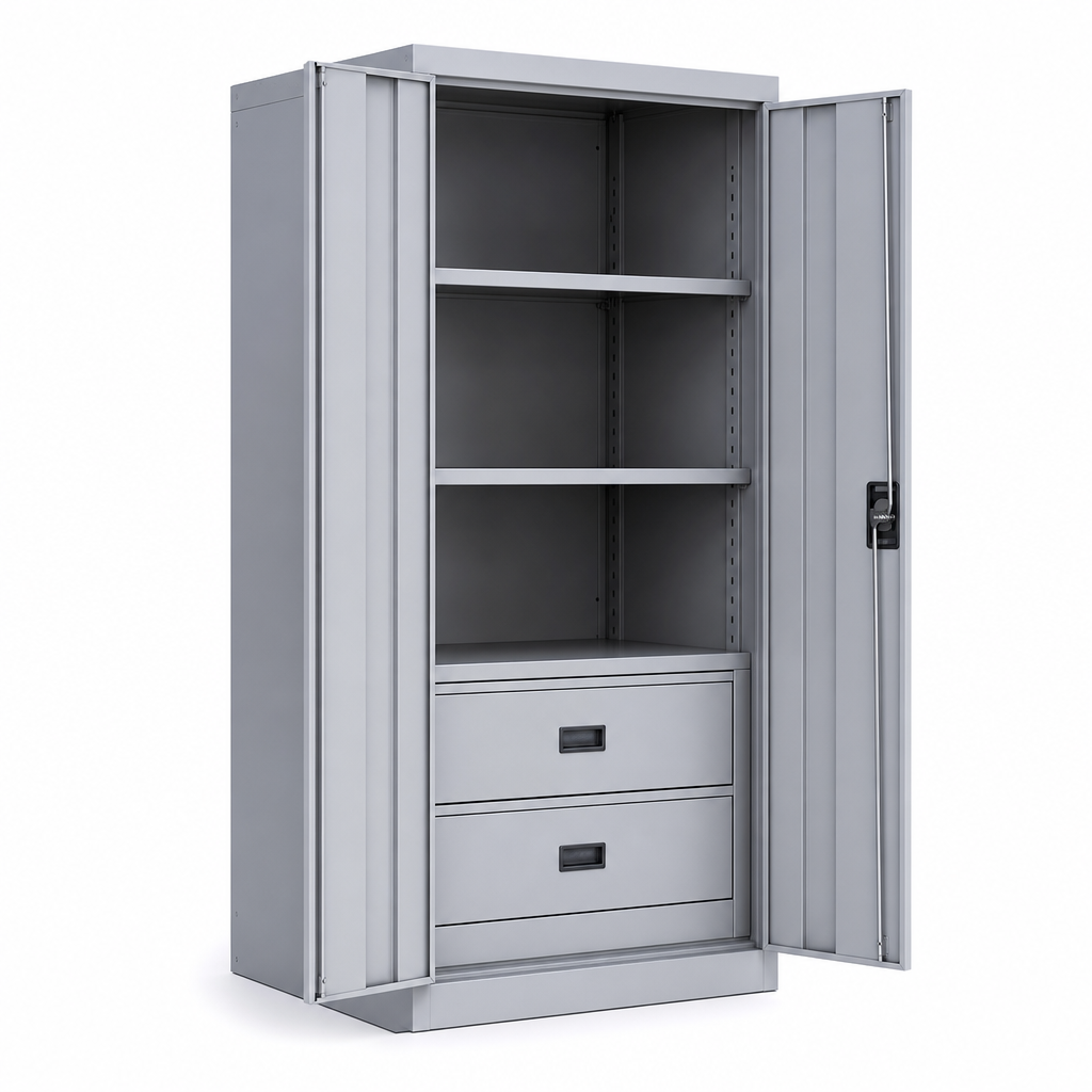 Tall Metal Storage Cabinet with 2 Drawers and 3 Shelves 2000x1050x650mm