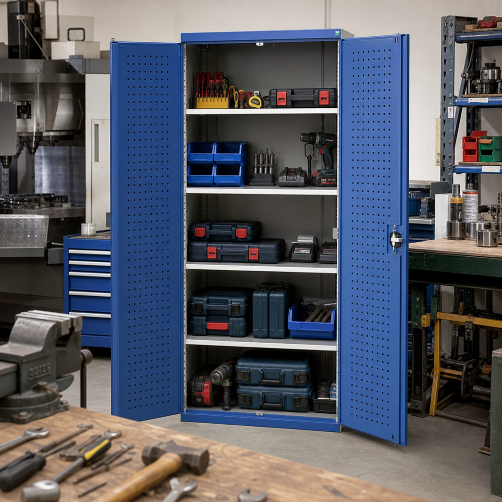Tall Metal Storage Cupboard with Perforated Doors and Drawers